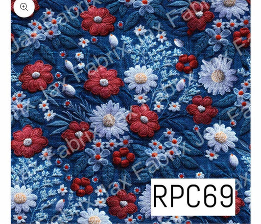 embroidery floral red white and blue