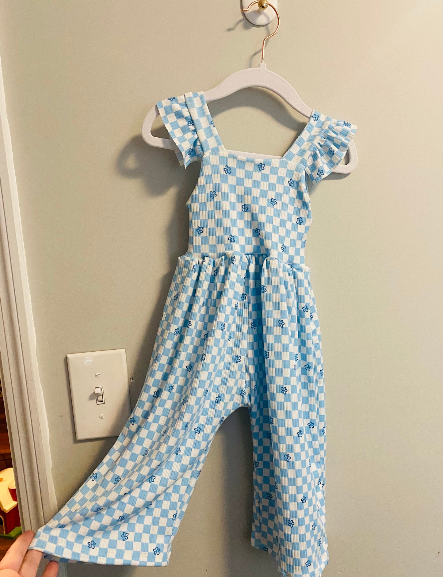 blue checkered w flowers